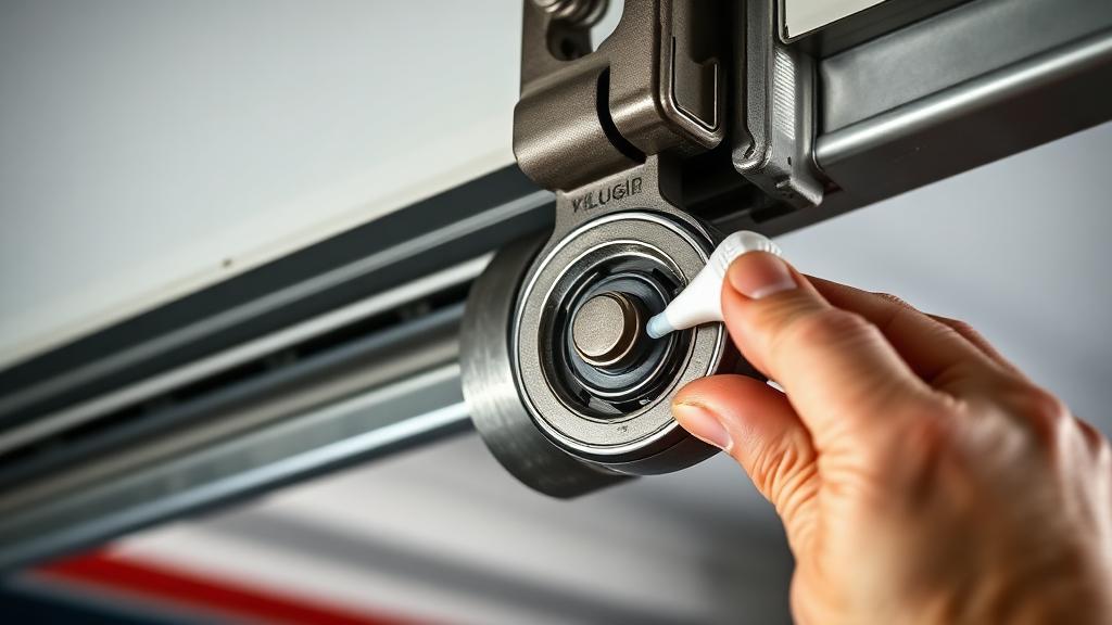 Close-up of garage door roller bearings being lubricated - professional garage door maintenance