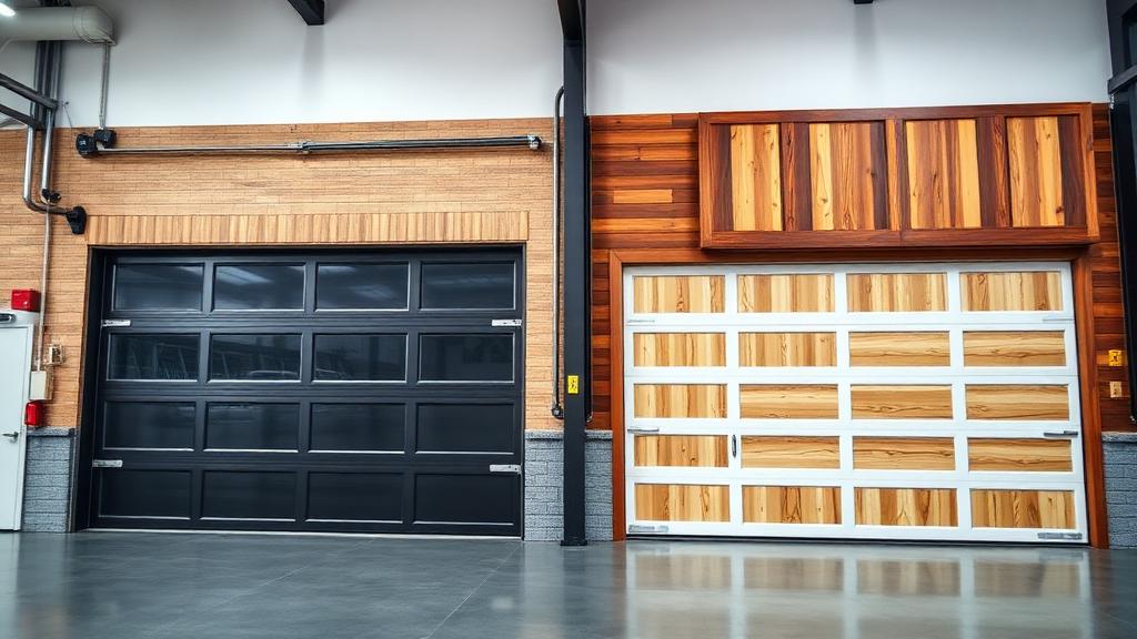 Various garage door styles and brands displayed in showroom - garage door brand comparison