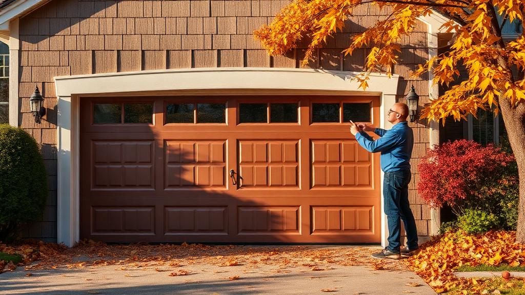 Garage door on home during autumn with fall leaves - seasonal garage door maintenance