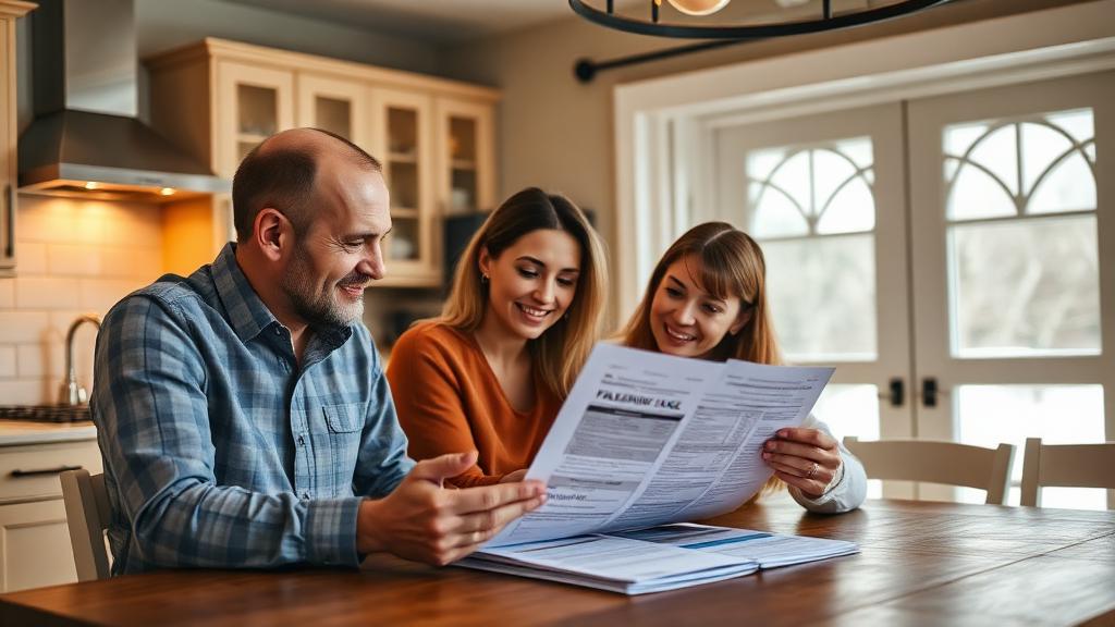 Family reviewing financing paperwork for garage door purchase at home