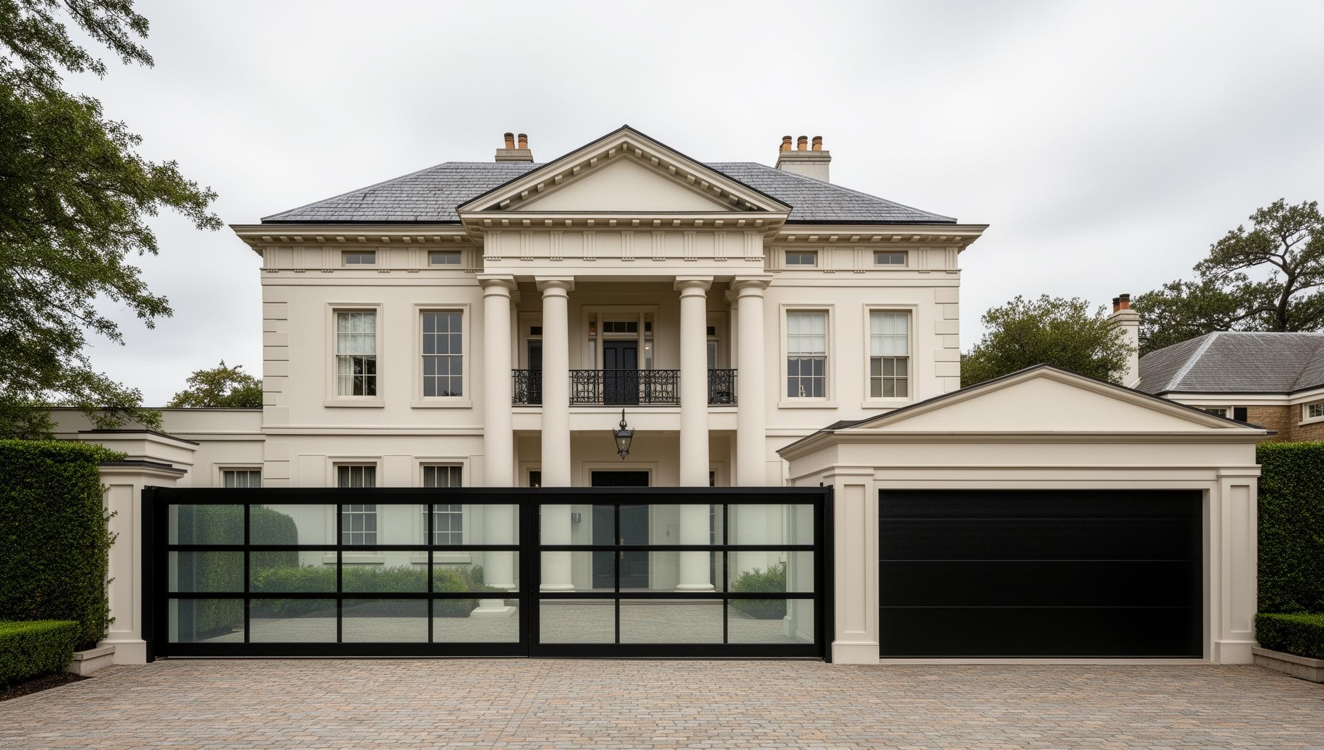 Modern glass and aluminum garage doors on Georgian mansion - Nooksack Garage Doors professional installation