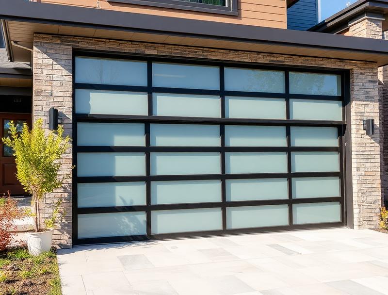Modern glass and aluminum garage door installation by Nooksack Garage Doors